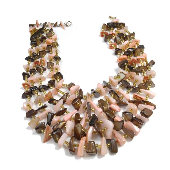 Vintage Japan 5 Strand Shell Glass Beads Necklace, 1950s, 17" - Picture 5 of 10